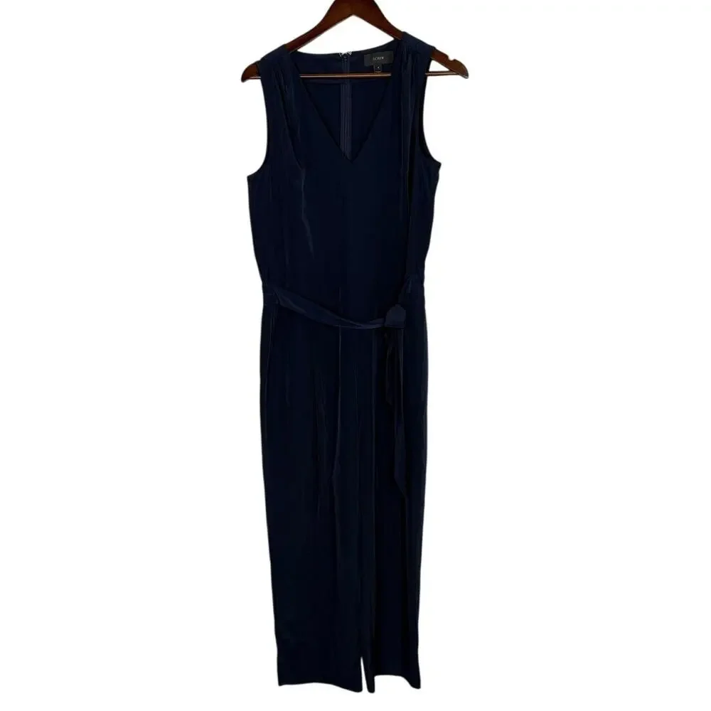 J Crew Sleeveless Satin Effect OnePiece Jumpsuit Elastic Tie Waist Pocket 6 Blue - Picture 2 of 15
